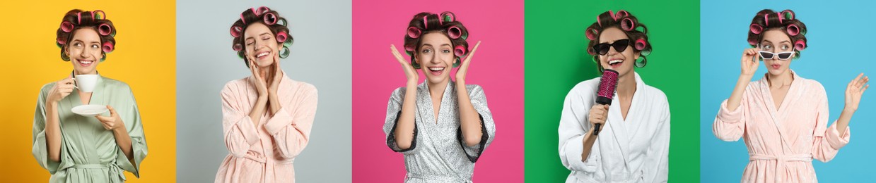 Image of Collage with photos of beautiful young woman wearing bathrobe with hair curlers on different color backgrounds. Banner design