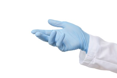 Photo of Doctor wearing light blue medical glove on white background, closeup