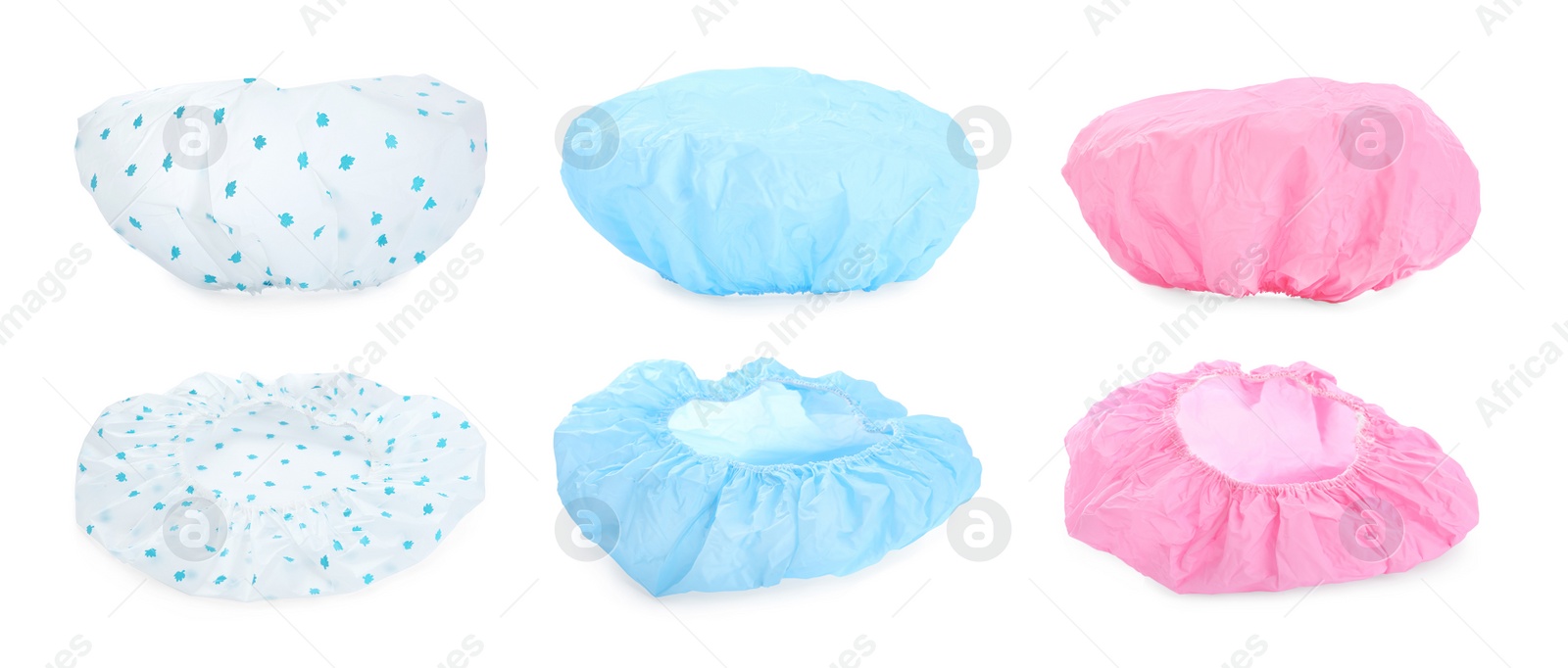 Image of Set with waterproof shower caps on white background. Banner design