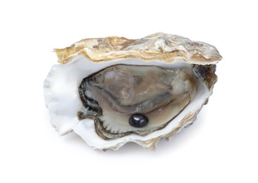 Open oyster with black pearl isolated on white