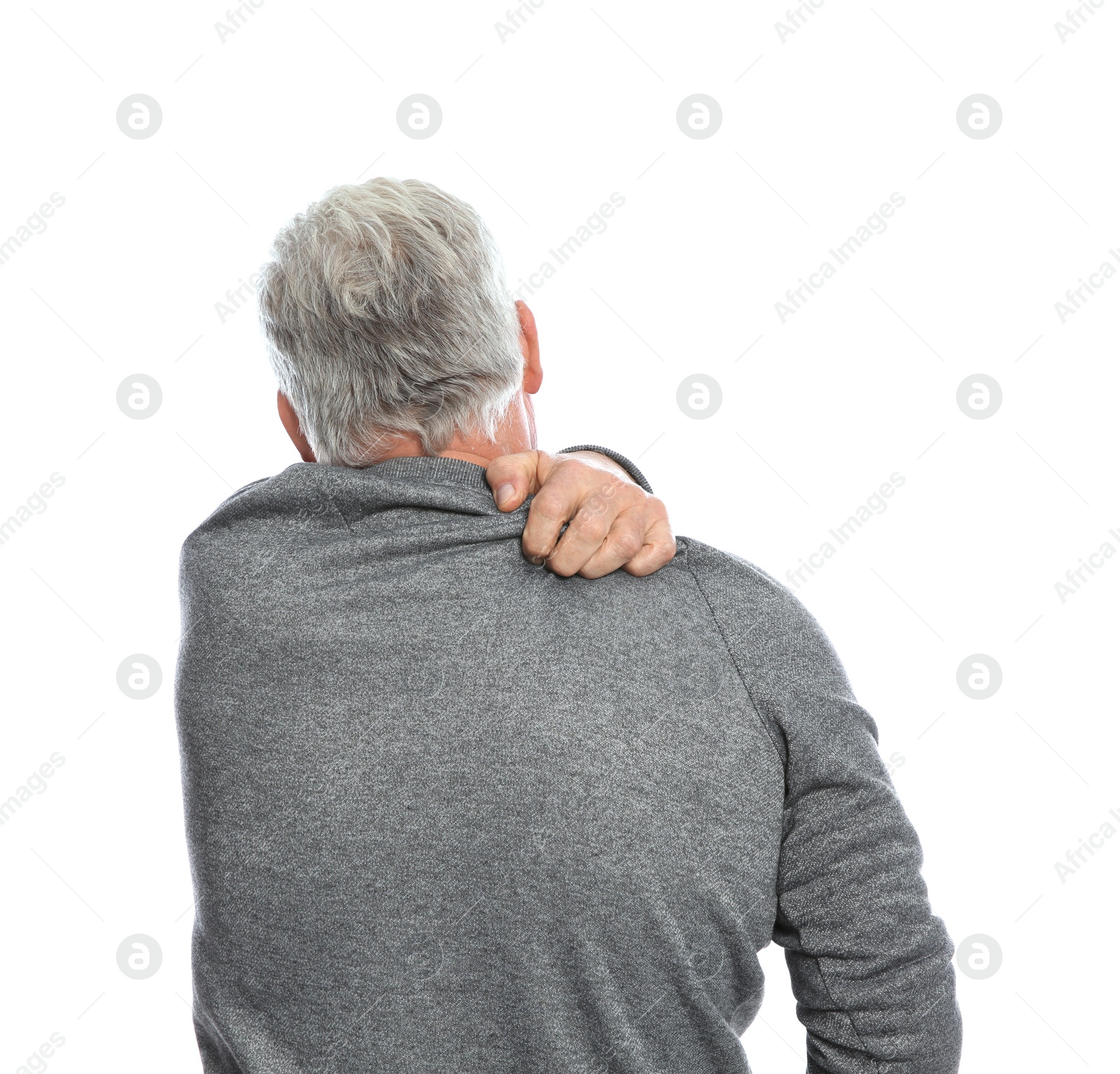Photo of Mature man scratching back on white background. Annoying itch