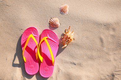 Photo of Stylish flip flops and sea shells on beach, flat lay