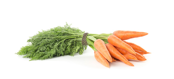 Photo of Bunch of fresh ripe carrots isolated on white