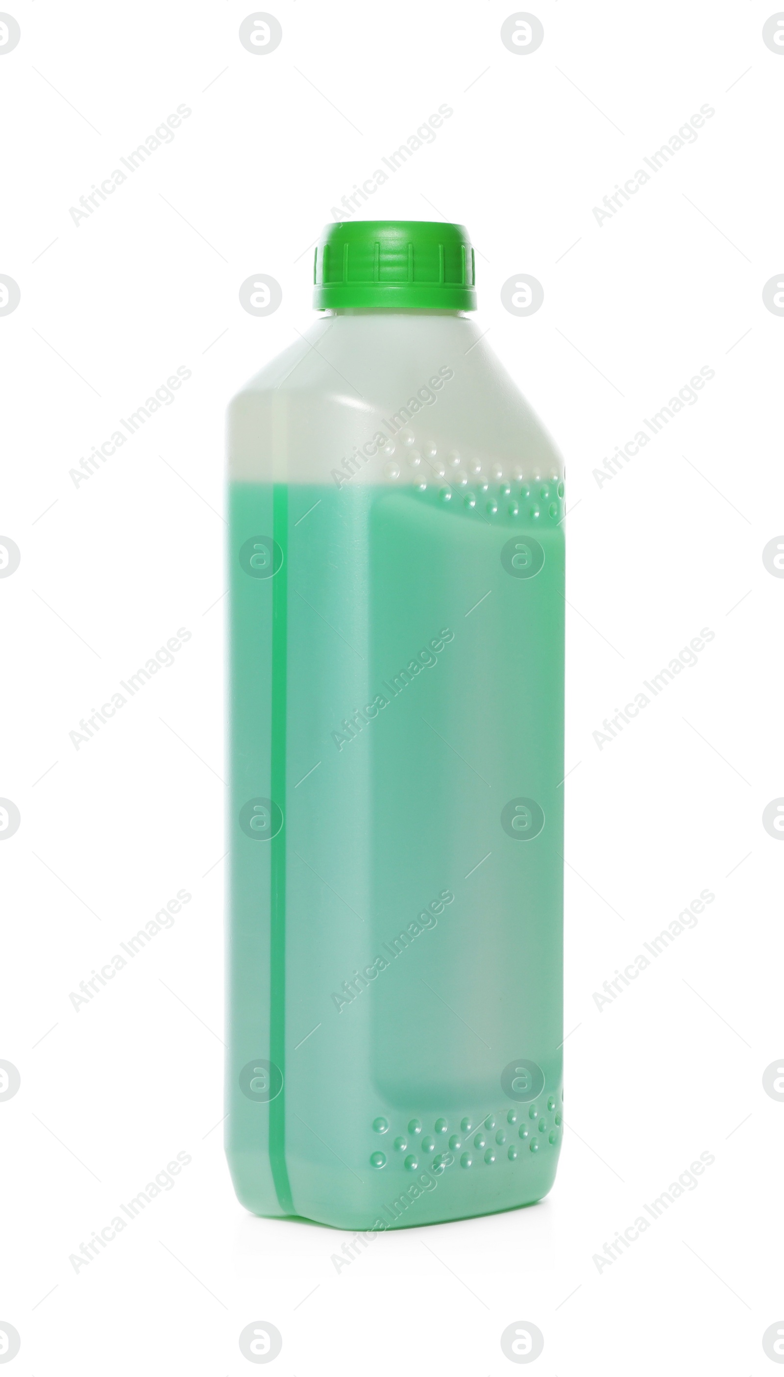 Photo of Antifreeze in plastic bottle isolated on white