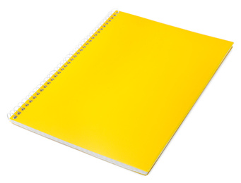 Photo of Stylish yellow spiral notebook isolated on white