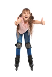 Photo of Little girl with inline roller skates on white background