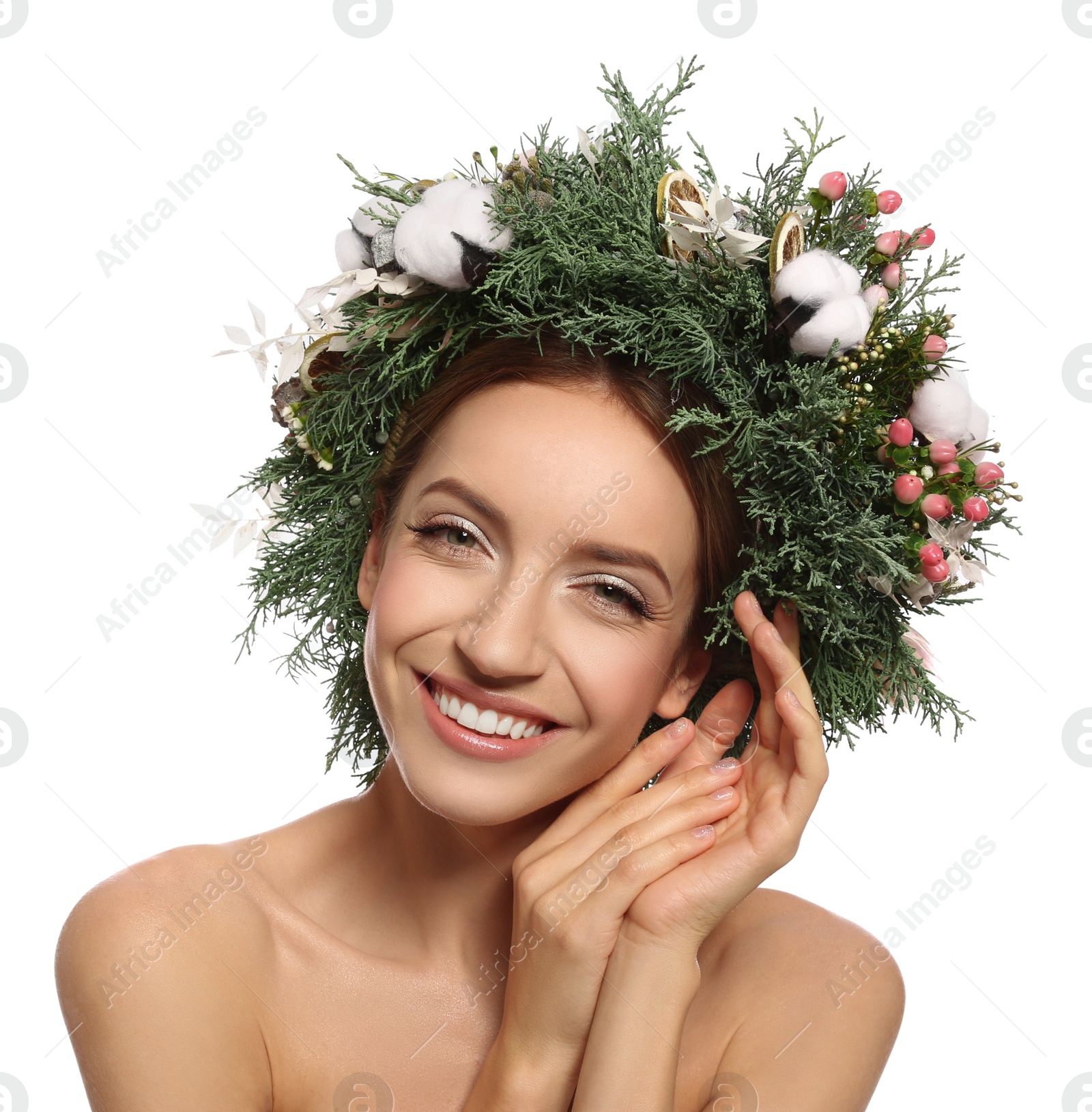 Photo of Happy young woman wearing wreath on white background