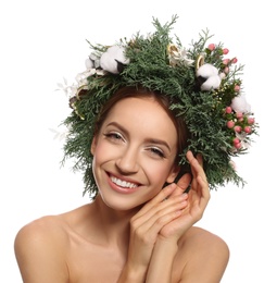 Photo of Happy young woman wearing wreath on white background