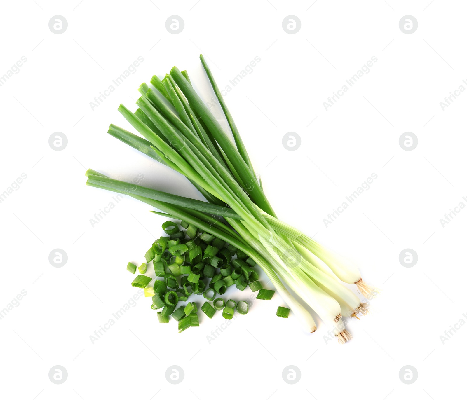 Photo of Cut fresh green onions on white background, top view