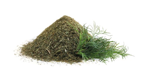 Pile of aromatic dry and fresh dill on white background