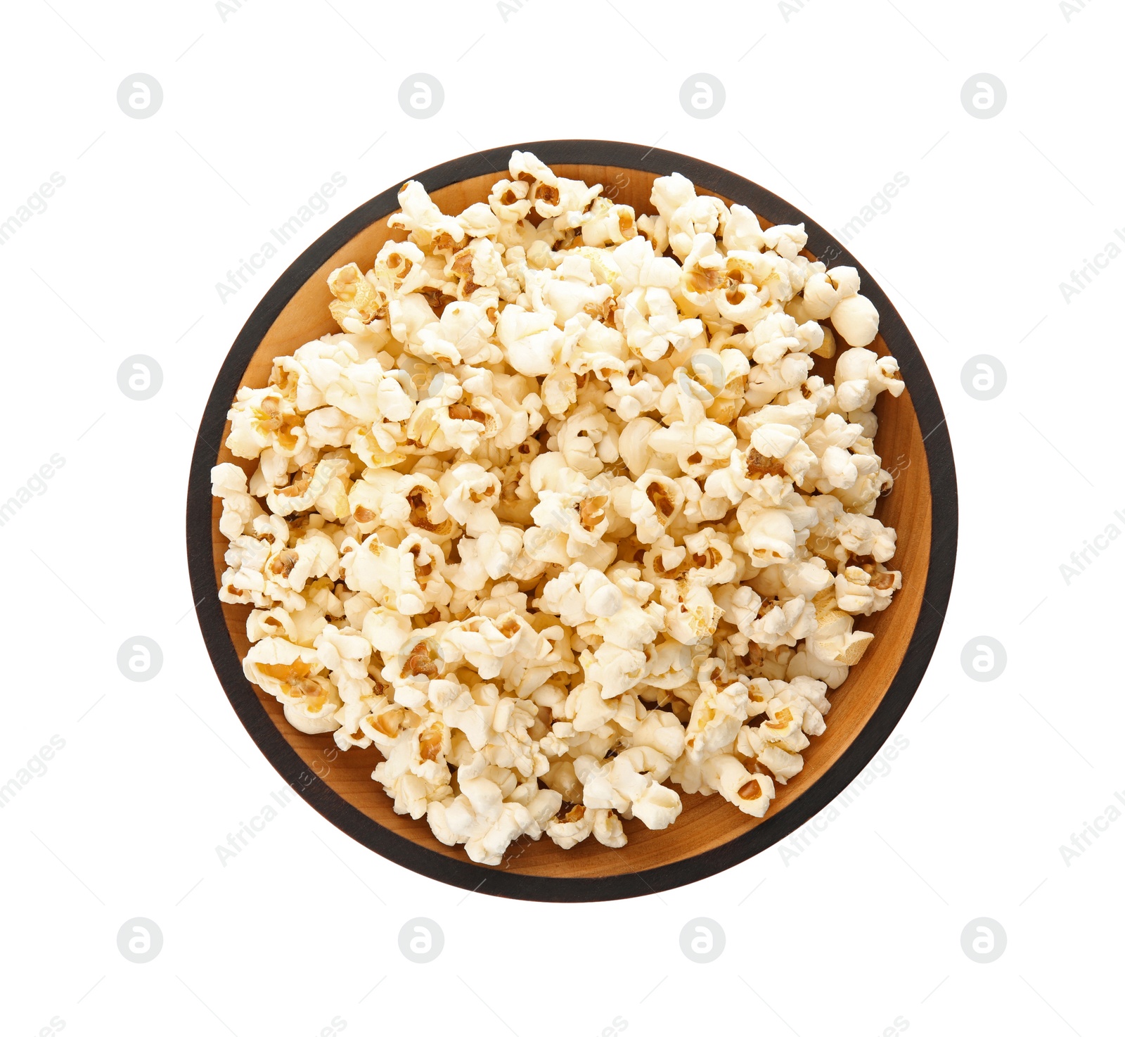 Photo of Bowl of tasty popcorn on white background, top view