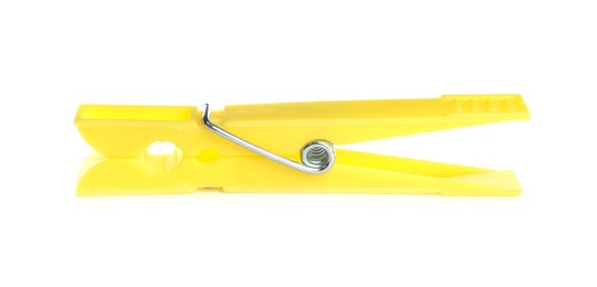 Photo of Bright yellow plastic clothespin isolated on white