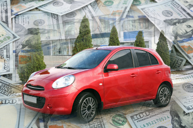 Image of Buying car. Double exposure of auto and dollar banknotes