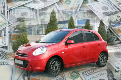 Buying car. Double exposure of auto and dollar banknotes