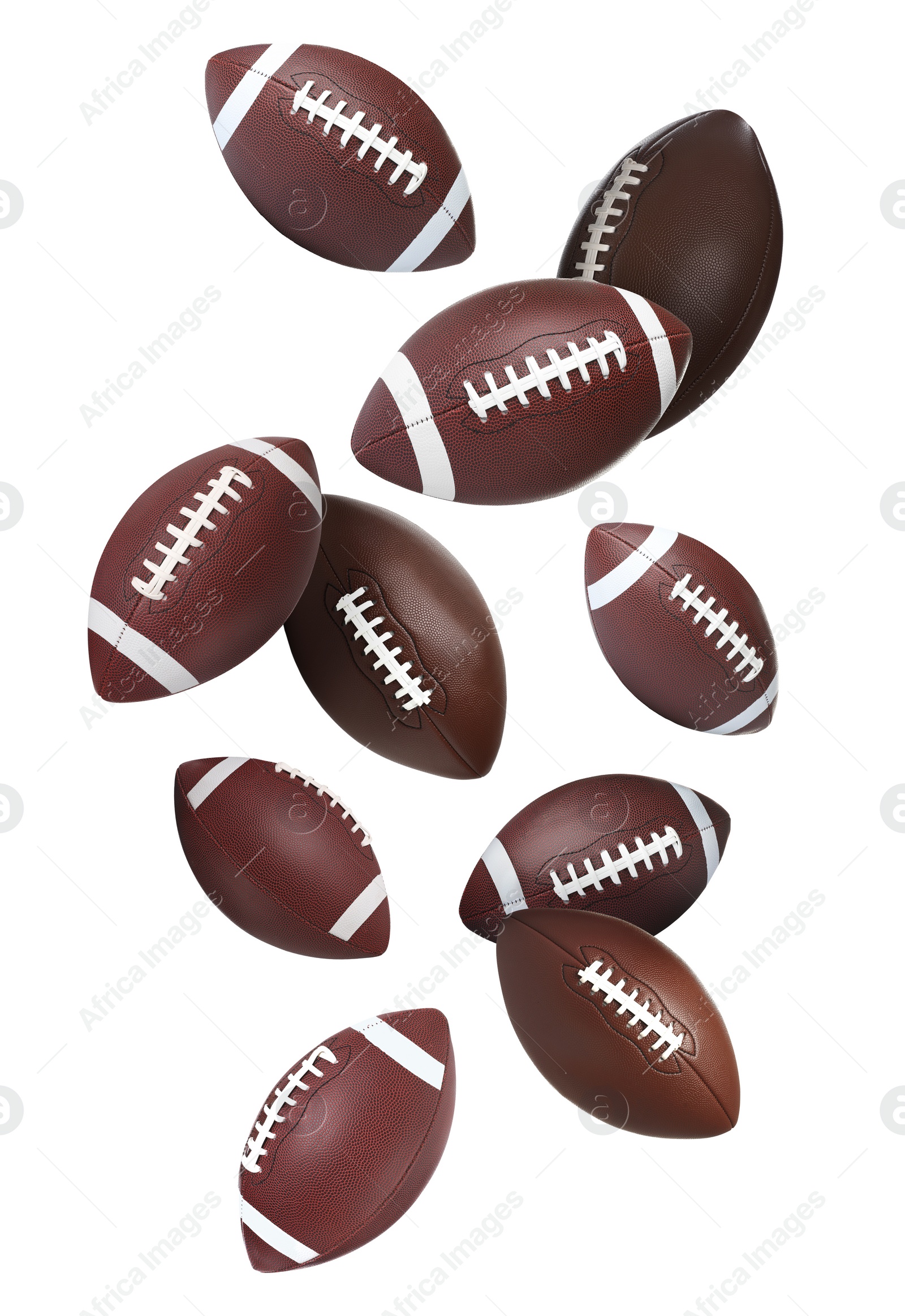 Image of Leather American football balls falling on white background