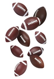 Image of Leather American football balls falling on white background