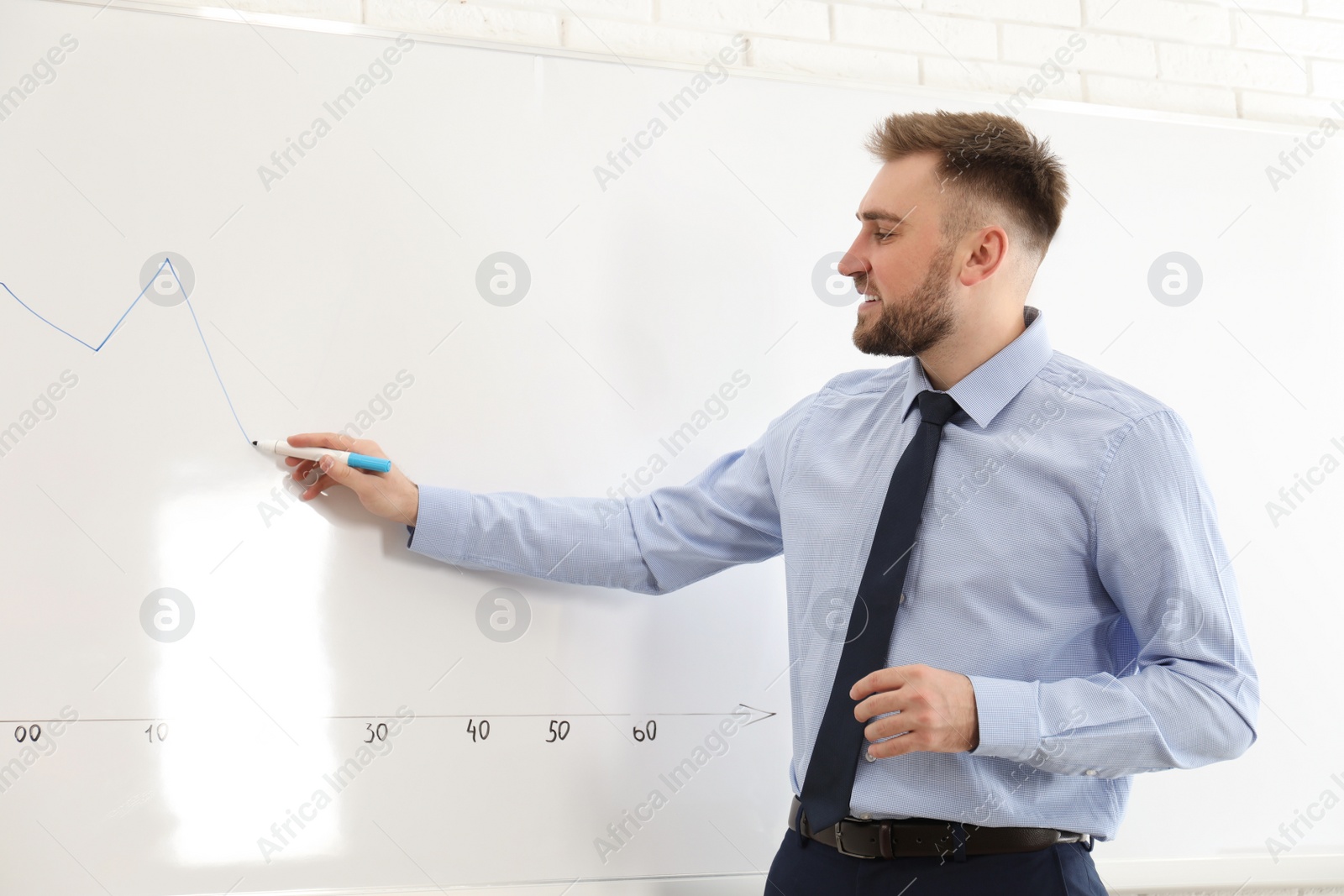 Photo of Professional business trainer near whiteboard in office