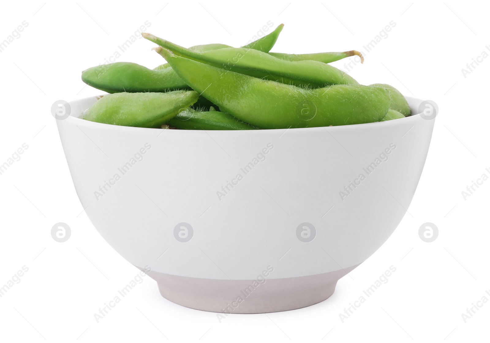 Photo of Bowl with green edamame pods on white background