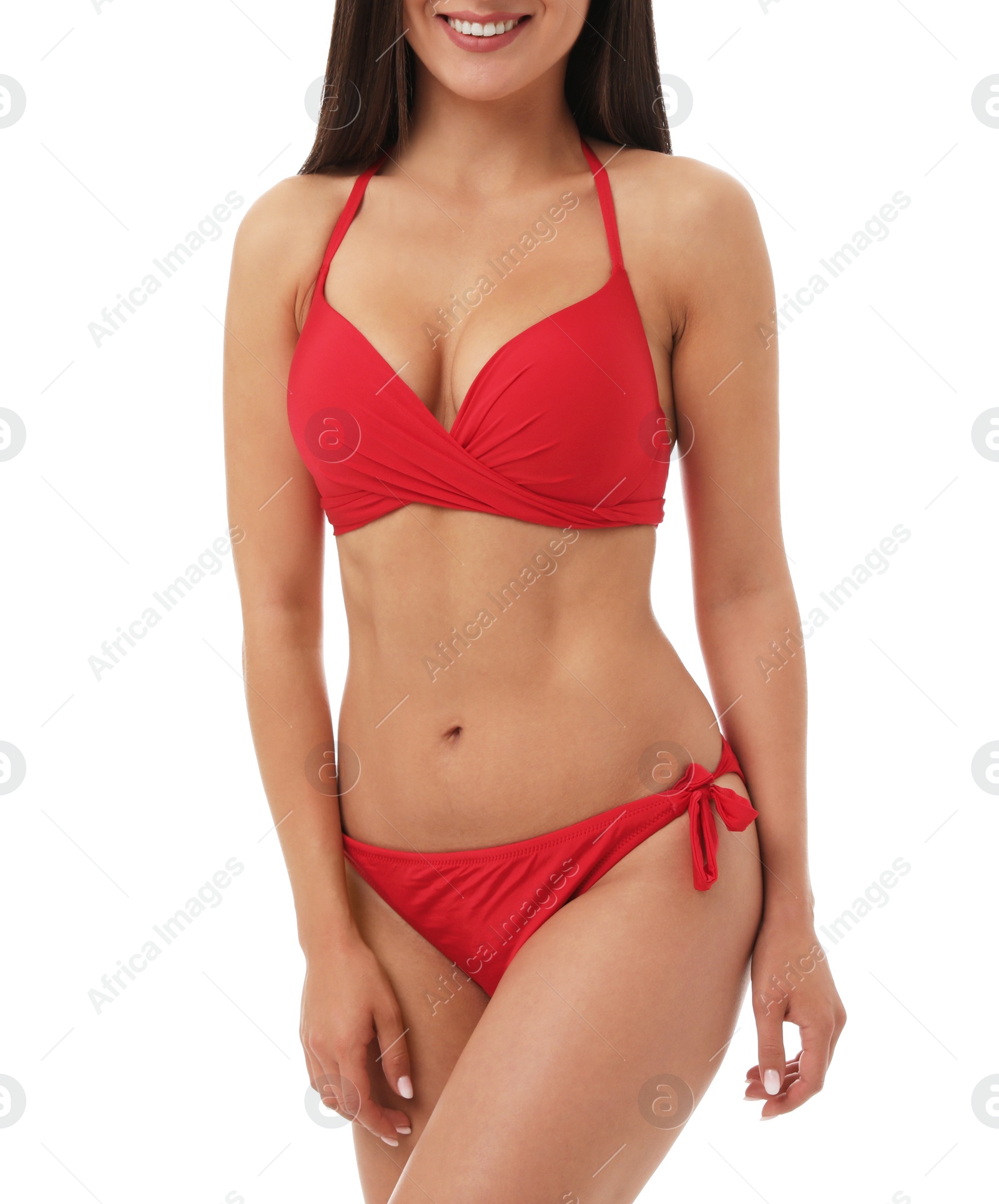 Photo of Pretty sexy woman with slim body in stylish  red bikini on white background, closeup view