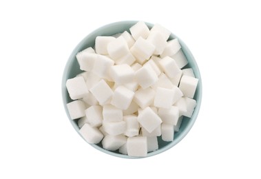 Photo of Bowl of refined sugar cubes isolated on white, top view
