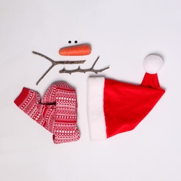 Photo of Set of materials for snowman on white background, flat lay