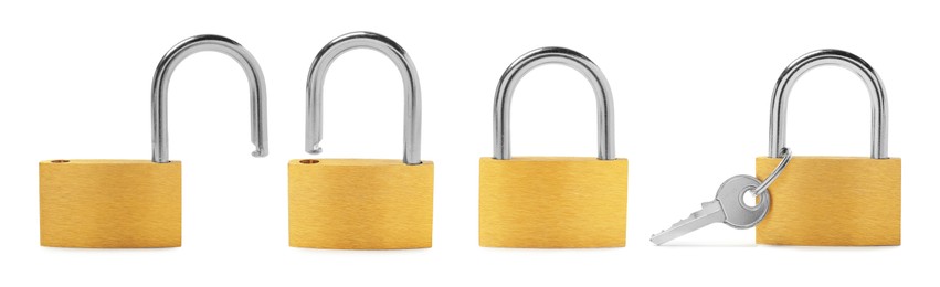 New steel padlock isolated on white, set