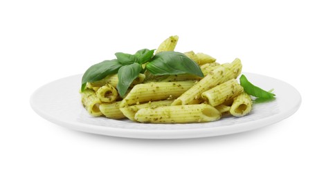 Photo of Delicious pasta with pesto sauce and basil isolated on white