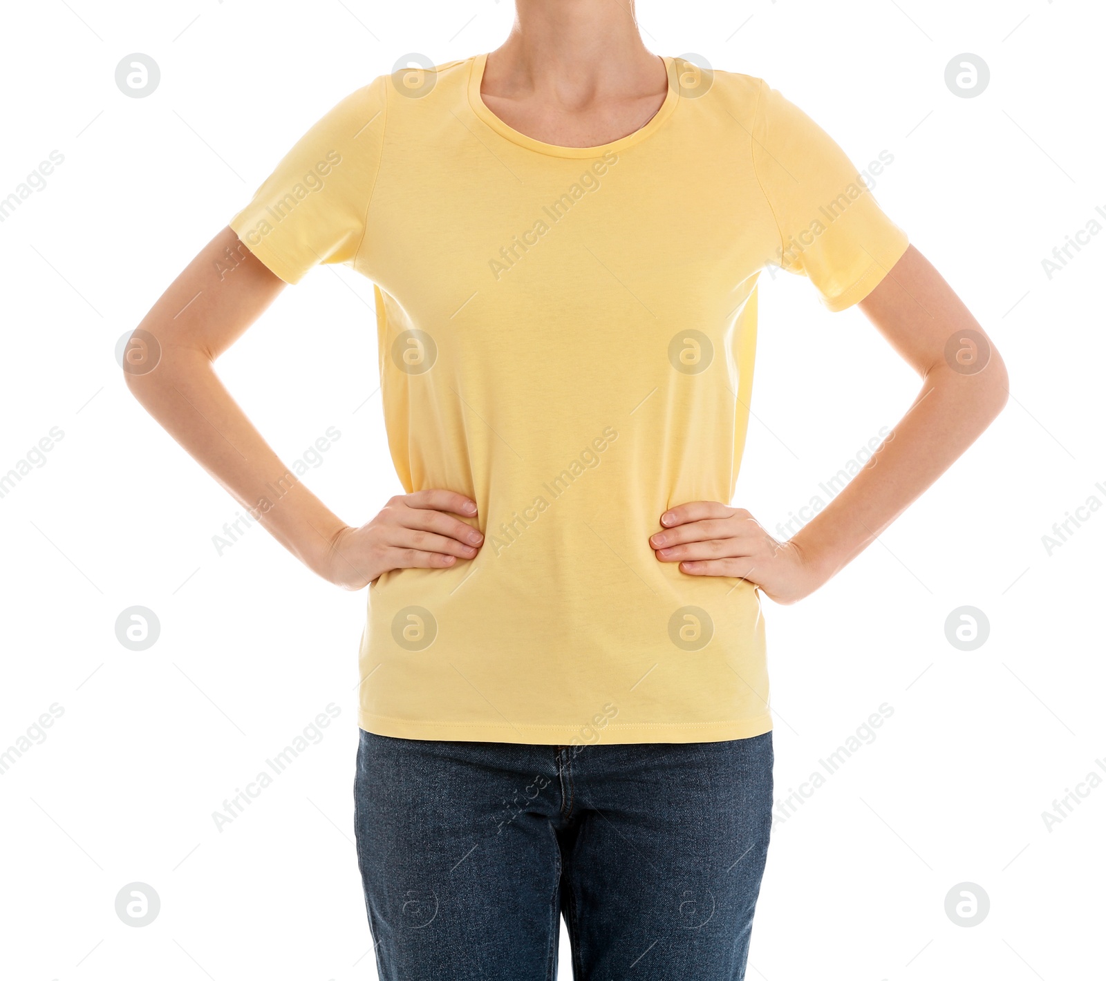 Photo of Young slim woman on white background, closeup. Weight loss