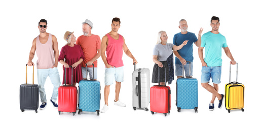 Image of People with different suitcases on white background. Banner design