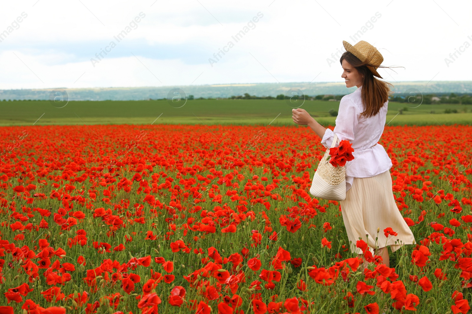 Photo of Woman with handbag and poppy flowers in beautiful field