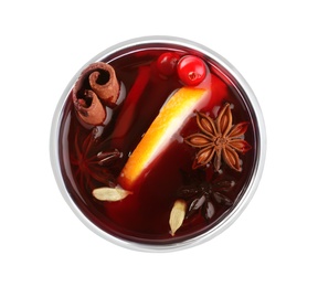 Photo of Aromatic mulled wine in glass isolated on white, top view