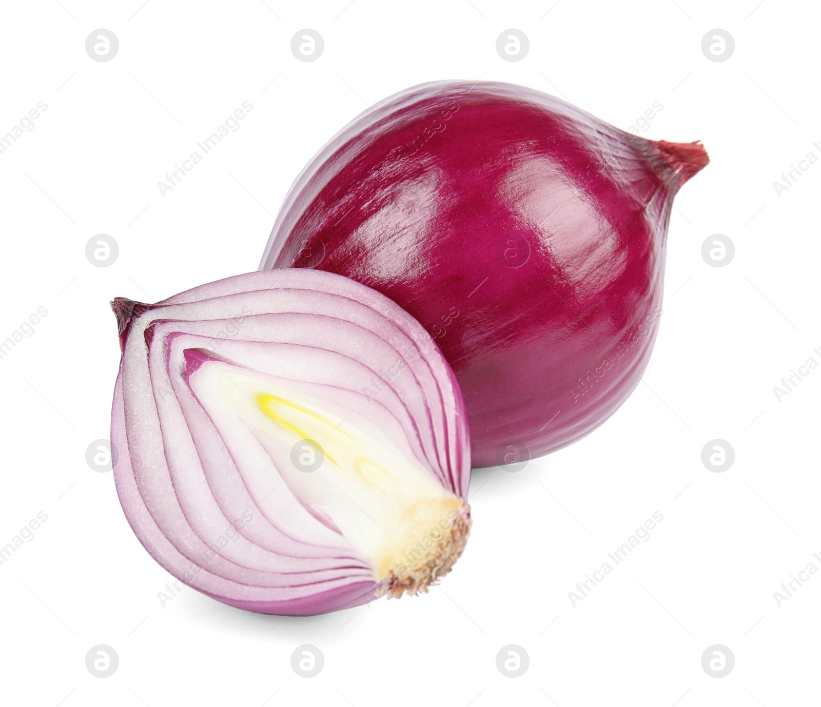 Photo of Fresh whole and cut red onions on white background