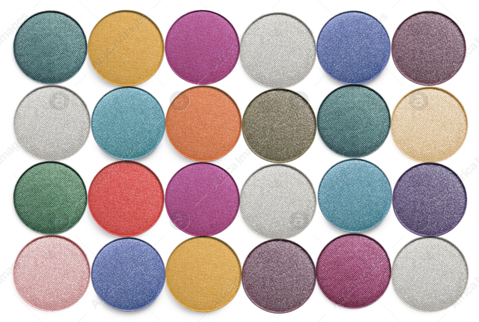 Image of Collage of beautiful different eye shadow refill pans on white background