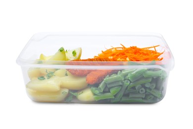 Tasty potatoes with cutlets and vegetables in plastic container isolated on white