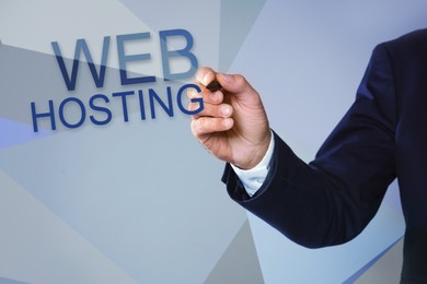 Image of Businessman pointing at phrase WEB HOSTING on virtual screen against color background, closeup