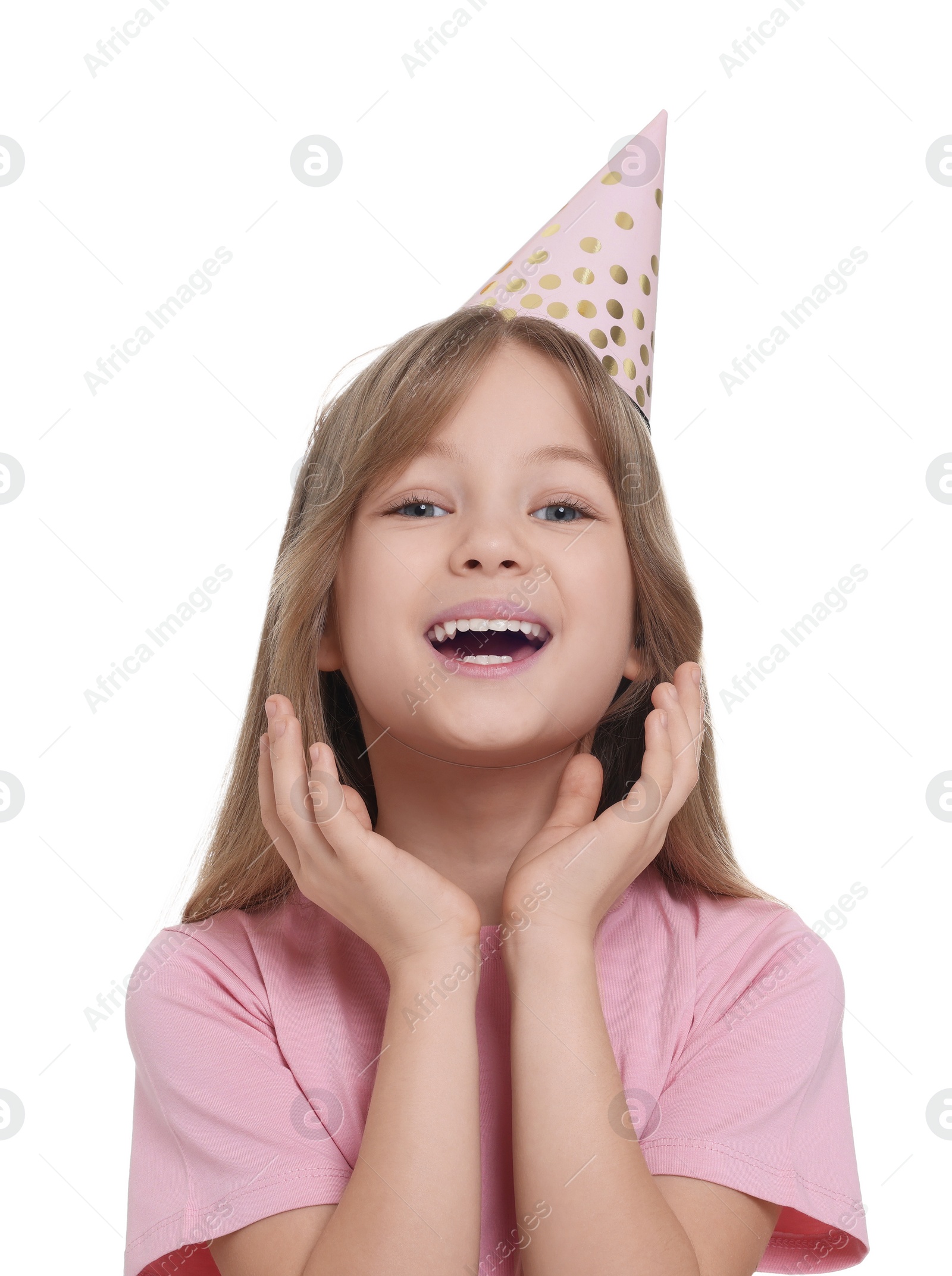 Photo of Cute little girl in party hat on white background
