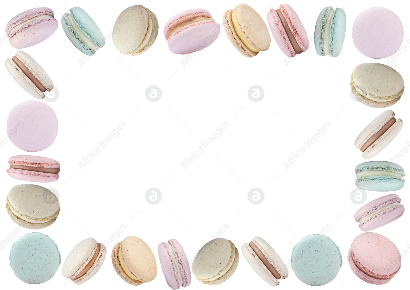 Image of Frame made of delicious macarons on white background