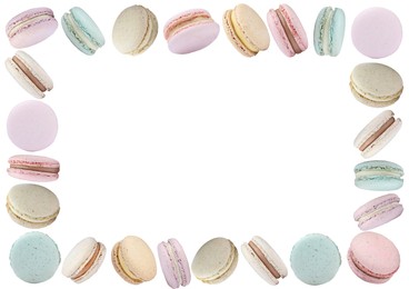 Image of Frame made of delicious macarons on white background