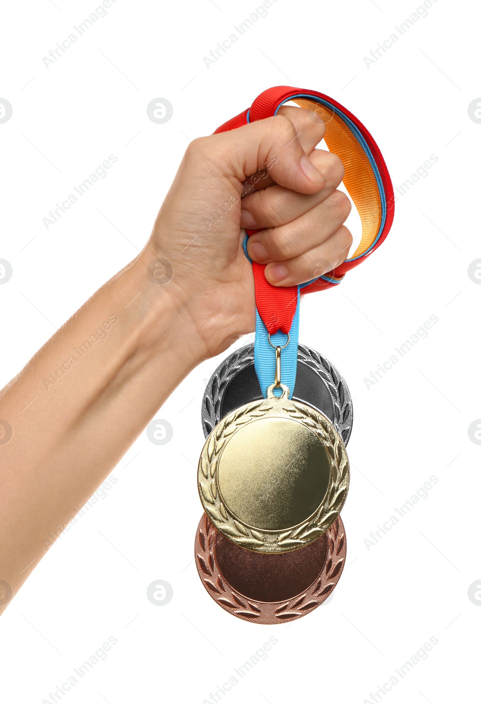 Photo of Woman holding medals on white background, closeup. Space for design