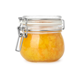 Photo of Jar of apricot jam isolated on white