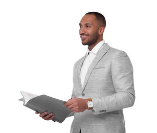 Portrait of happy man with folders on white background. Lawyer, businessman, accountant or manager
