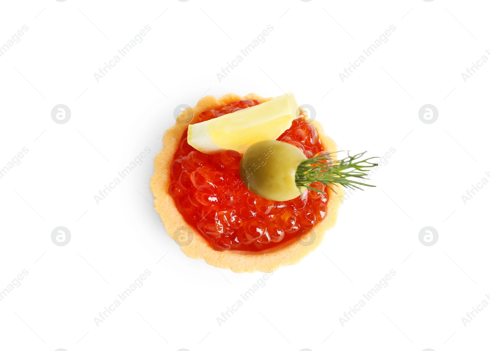 Photo of Delicious tartlet with red caviar, lemon and olive on white background, top view