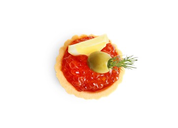 Photo of Delicious tartlet with red caviar, lemon and olive on white background, top view