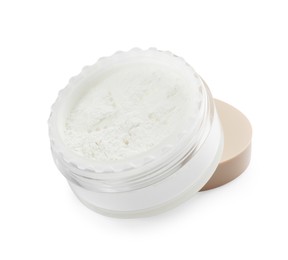 Photo of Rice loose face powder isolated on white. Makeup product