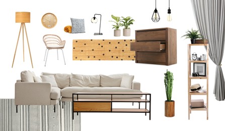 Stylish interior design. Different decorative elements and furniture on white background. Mood board collage