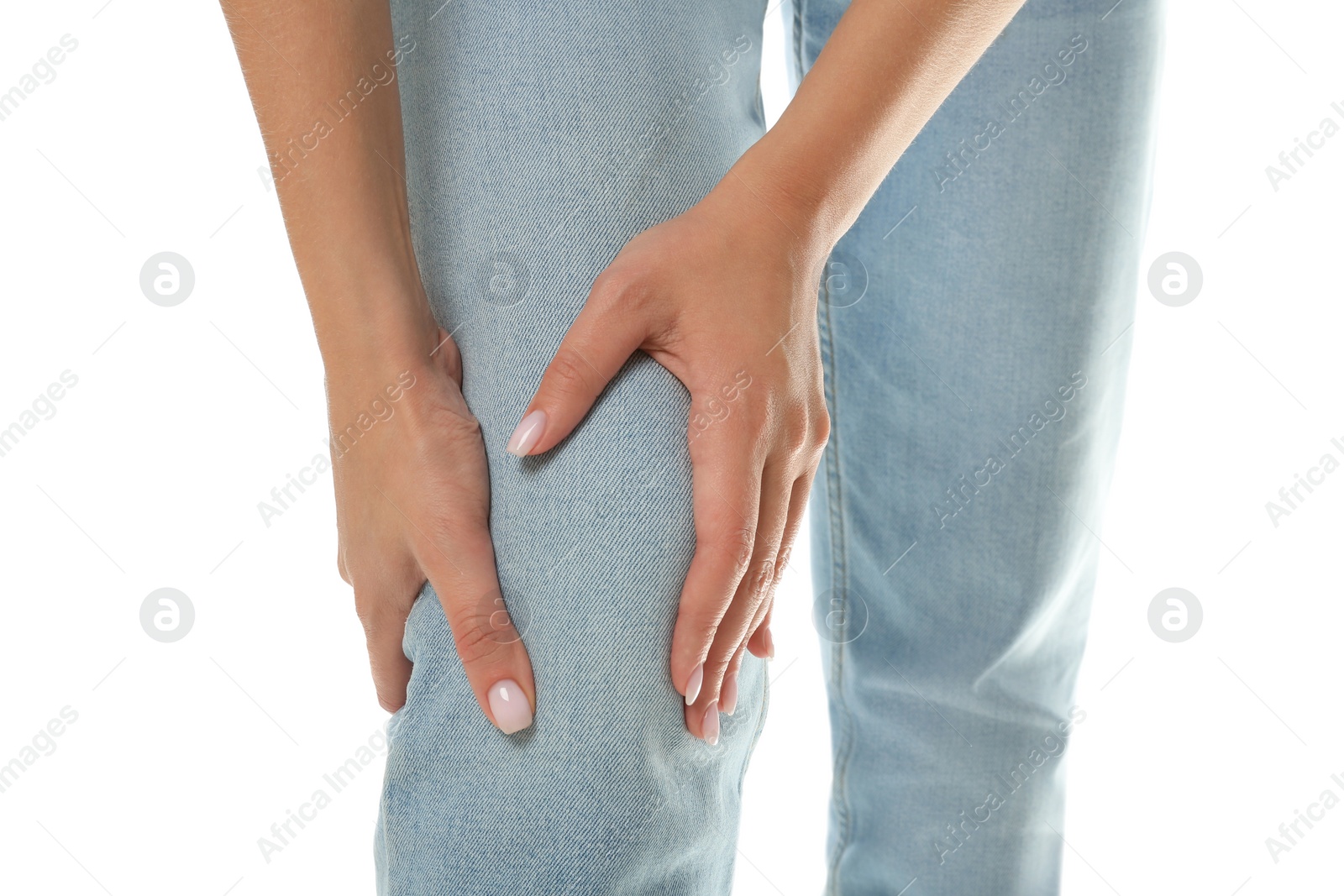 Photo of Woman having knee problems on white background, closeup