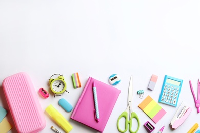 Photo of School stationery on white background, flat lay with space for text. Back to school