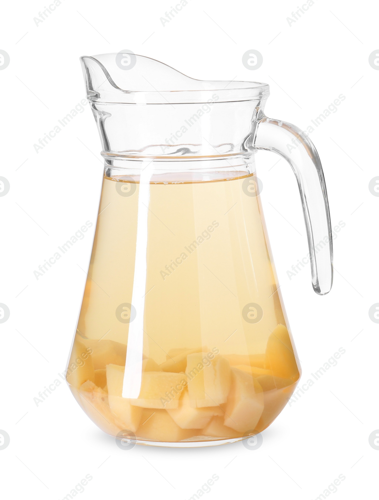 Photo of Delicious quince drink in glass jug isolated on white