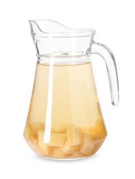 Photo of Delicious quince drink in glass jug isolated on white
