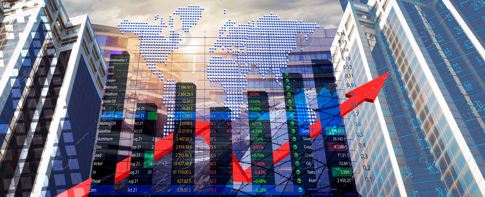 Image of Stock exchange concept. Modern buildings, world map, data and arrow, multiple exposure. Banner design